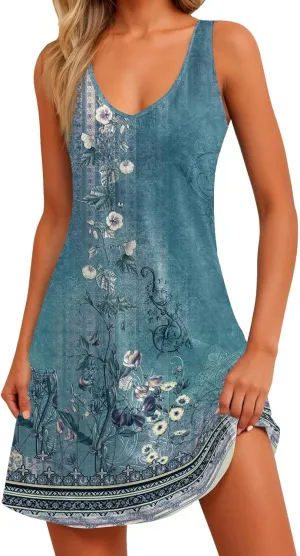 Hawaiian Dresses for Women Beach Casual Sleeveless Floral Print Boho Tank Dress V Neck Loose Pocket Summer Sundress