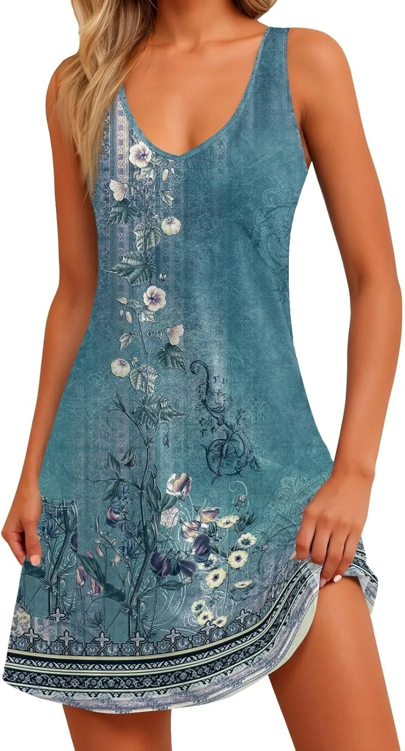 Hawaiian Dresses for Women Beach Casual Sleeveless Floral Print Boho Tank Dress V Neck Loose Pocket Summer Sundress