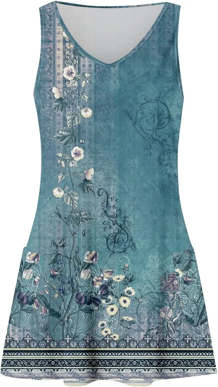 Hawaiian Dresses for Women Beach Casual Sleeveless Floral Print Boho Tank Dress V Neck Loose Pocket Summer Sundress