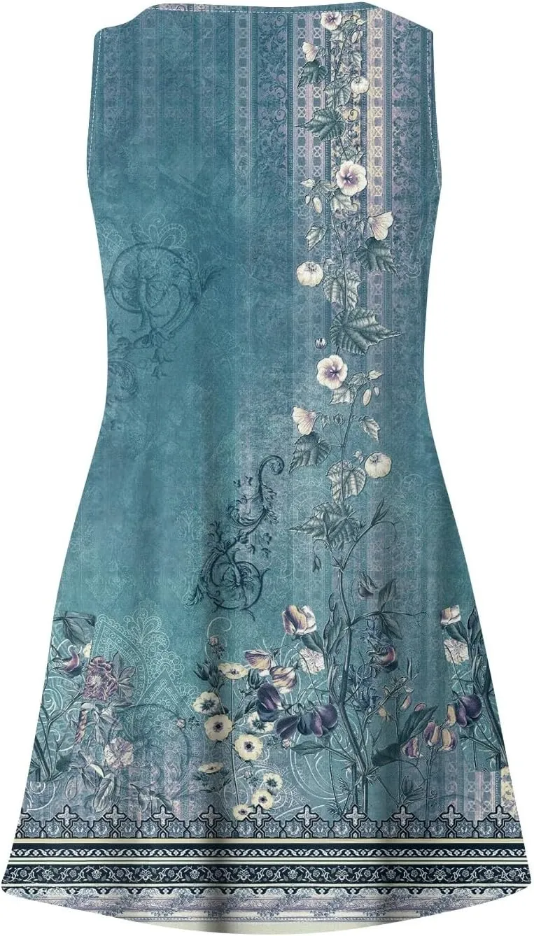Hawaiian Dresses for Women Beach Casual Sleeveless Floral Print Boho Tank Dress V Neck Loose Pocket Summer Sundress