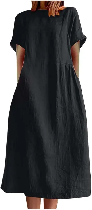 Hawaiian Dresses for Women Summer Casual Trendy Short Sleeve Crew Neck Solid Color Vacation Linen Dress, M-4XL