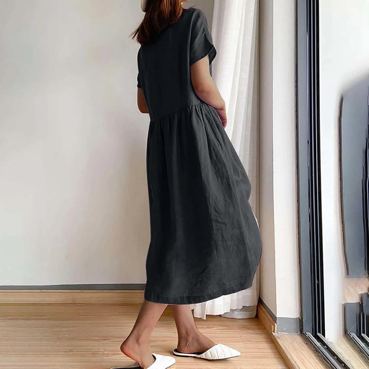 Hawaiian Dresses for Women Summer Casual Trendy Short Sleeve Crew Neck Solid Color Vacation Linen Dress, M-4XL