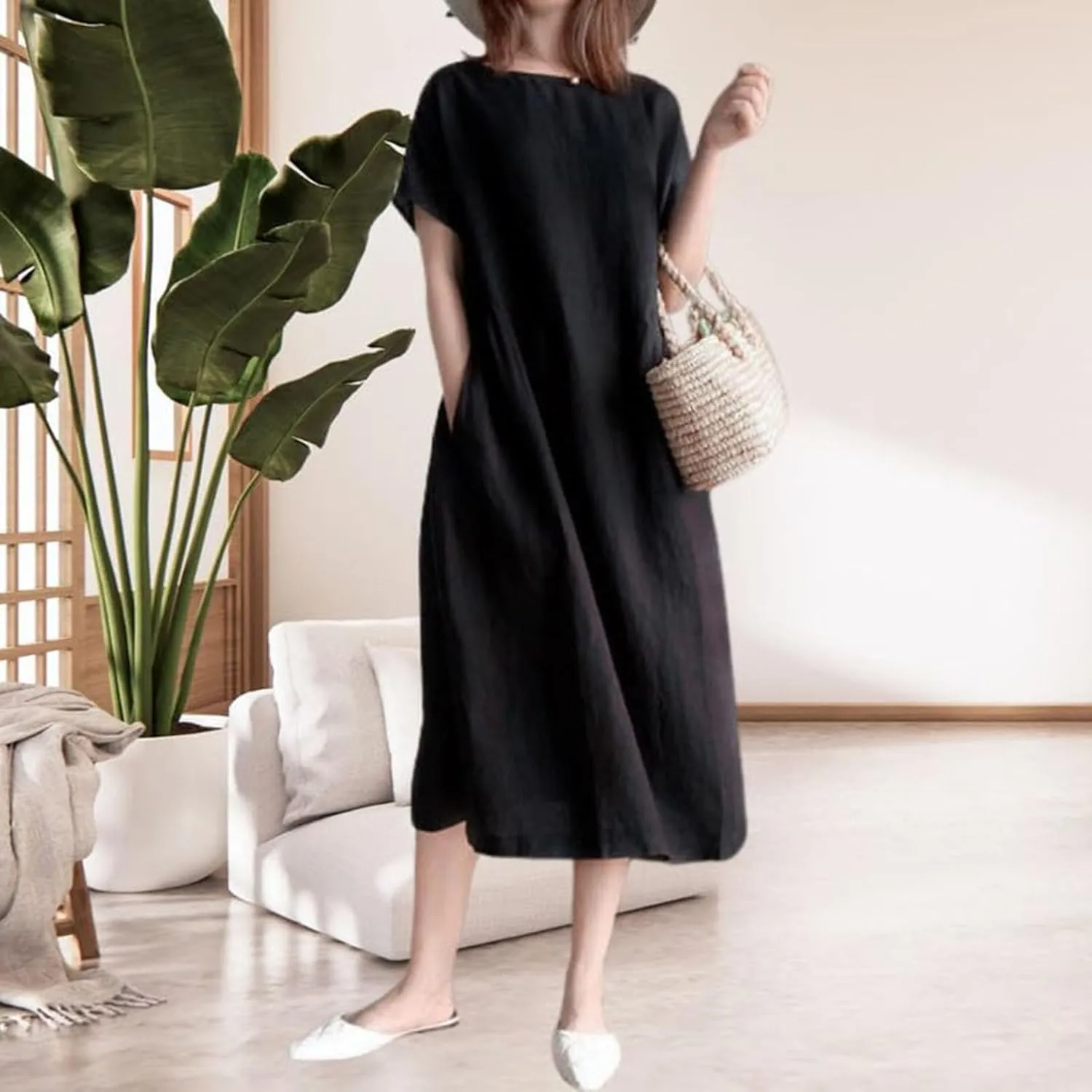 Hawaiian Dresses for Women Summer Casual Trendy Short Sleeve Crew Neck Solid Color Vacation Linen Dress, M-4XL