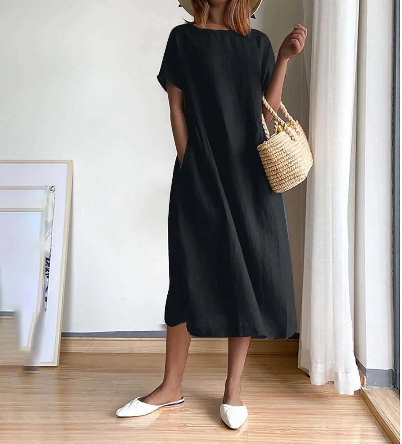 Hawaiian Dresses for Women Summer Casual Trendy Short Sleeve Crew Neck Solid Color Vacation Linen Dress, M-4XL