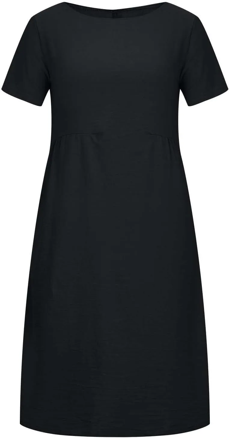 Hawaiian Dresses for Women Summer Casual Trendy Short Sleeve Crew Neck Solid Color Vacation Linen Dress, M-4XL