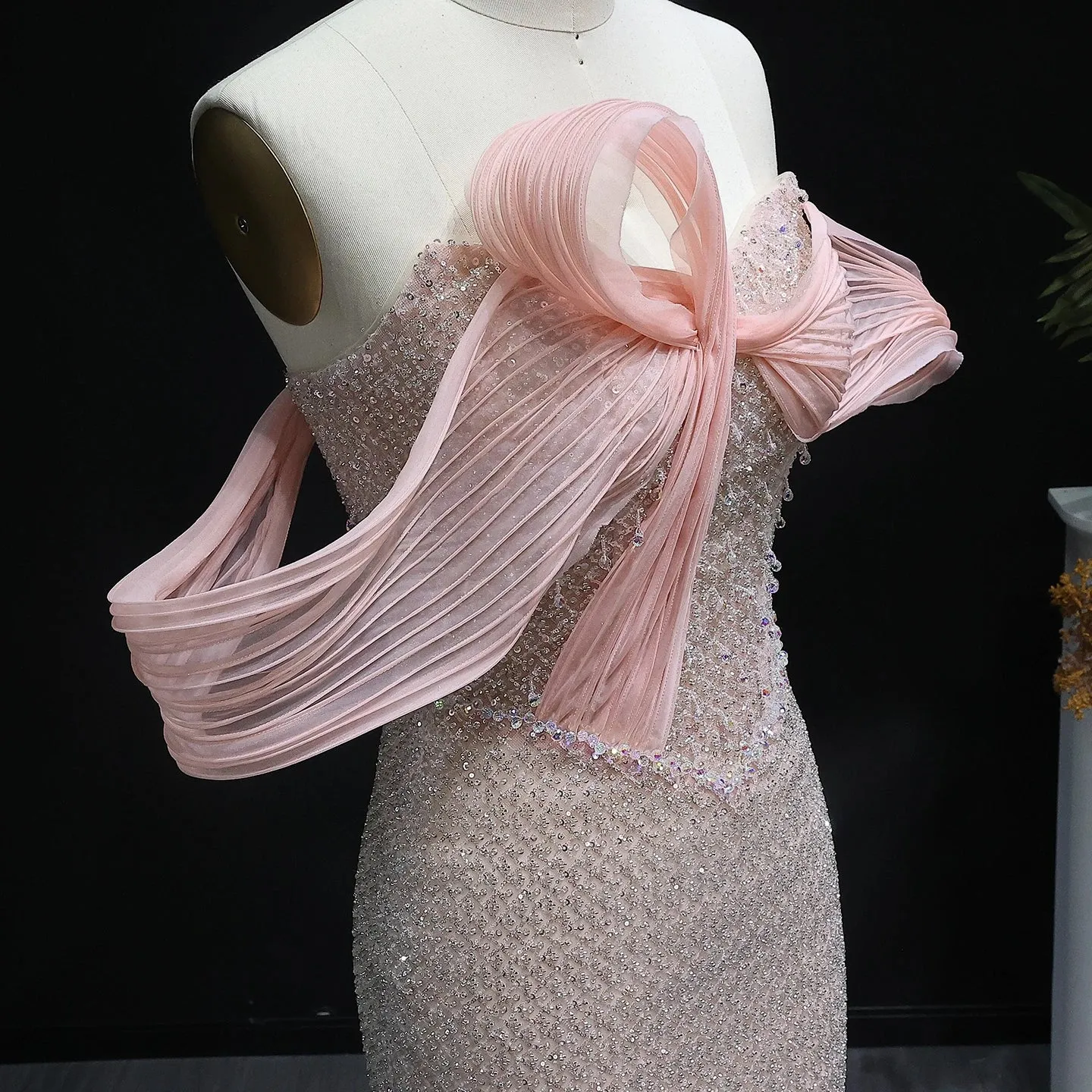 HELEN Luxury Off Shoulder Chic Blush Pink Evening Dress