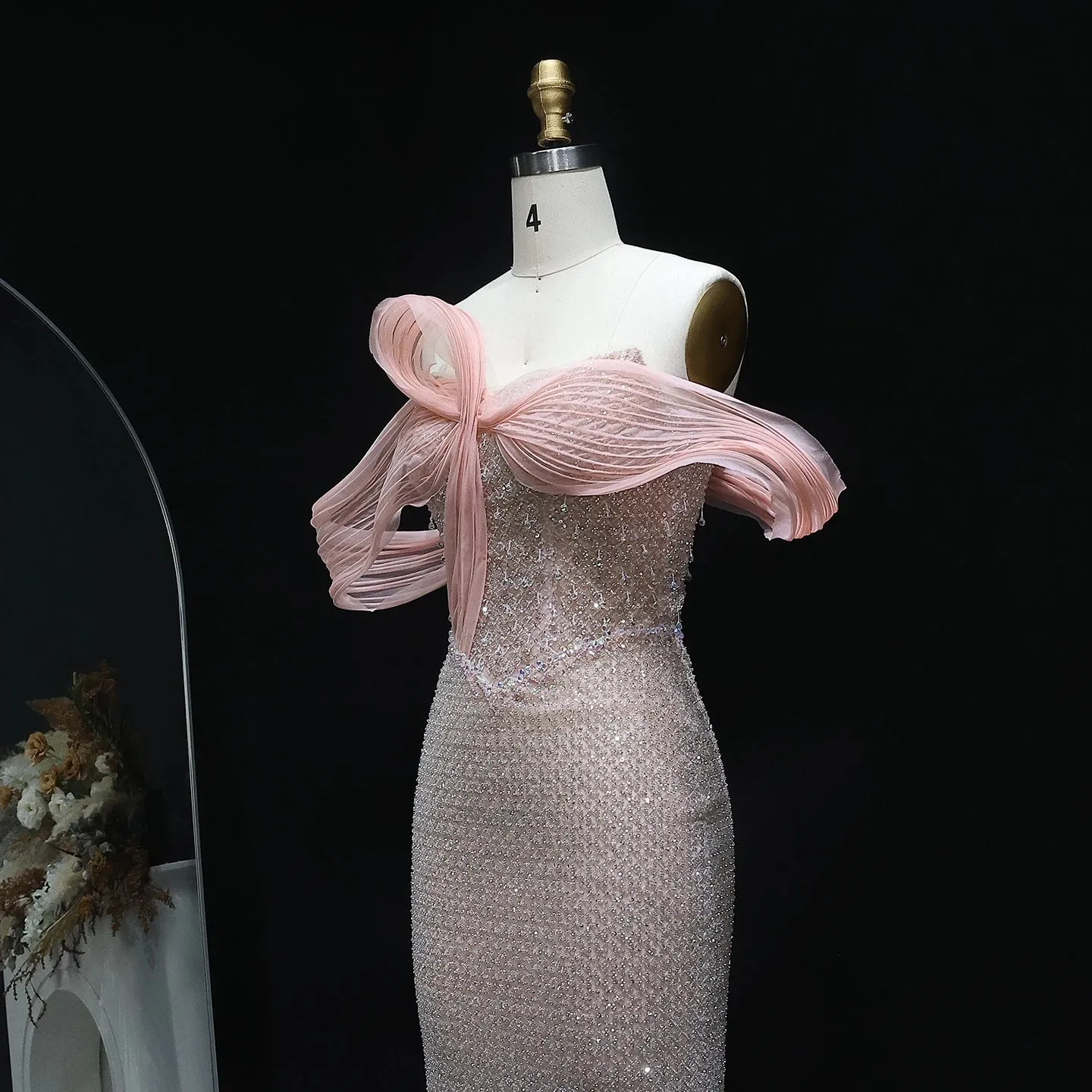 HELEN Luxury Off Shoulder Chic Blush Pink Evening Dress