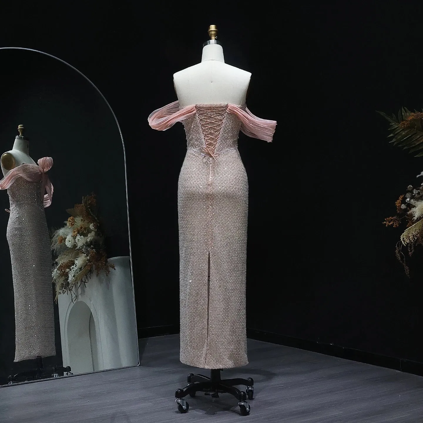 HELEN Luxury Off Shoulder Chic Blush Pink Evening Dress