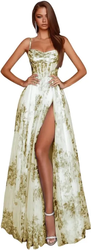 HEWEIGUI Women's Floral Print Prom Dresses 2025 Spaghetti Straps Chiffon Formal Evening Dress with Slit WHC094