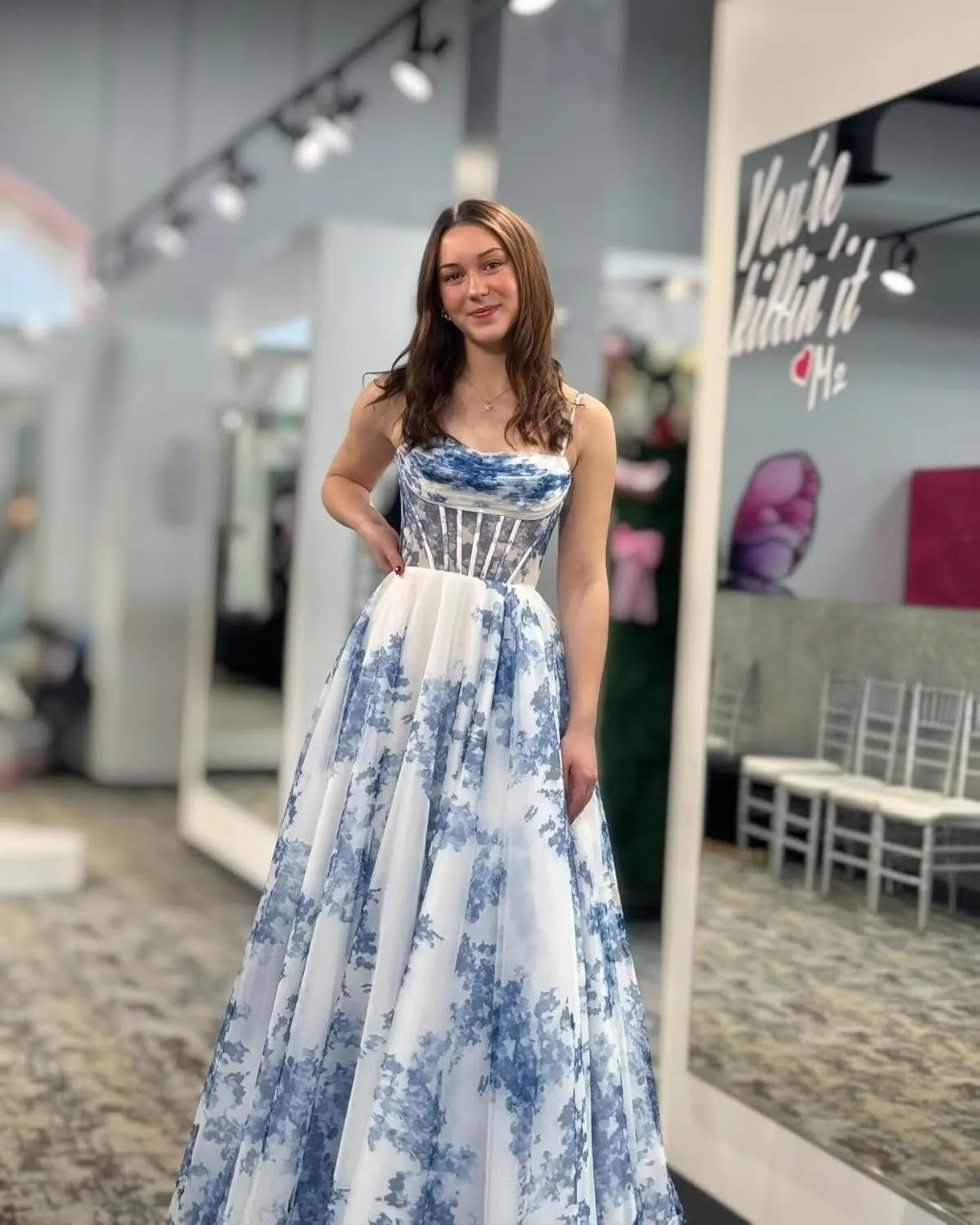 HEWEIGUI Women's Floral Print Prom Dresses 2025 Spaghetti Straps Chiffon Formal Evening Dress with Slit WHC094