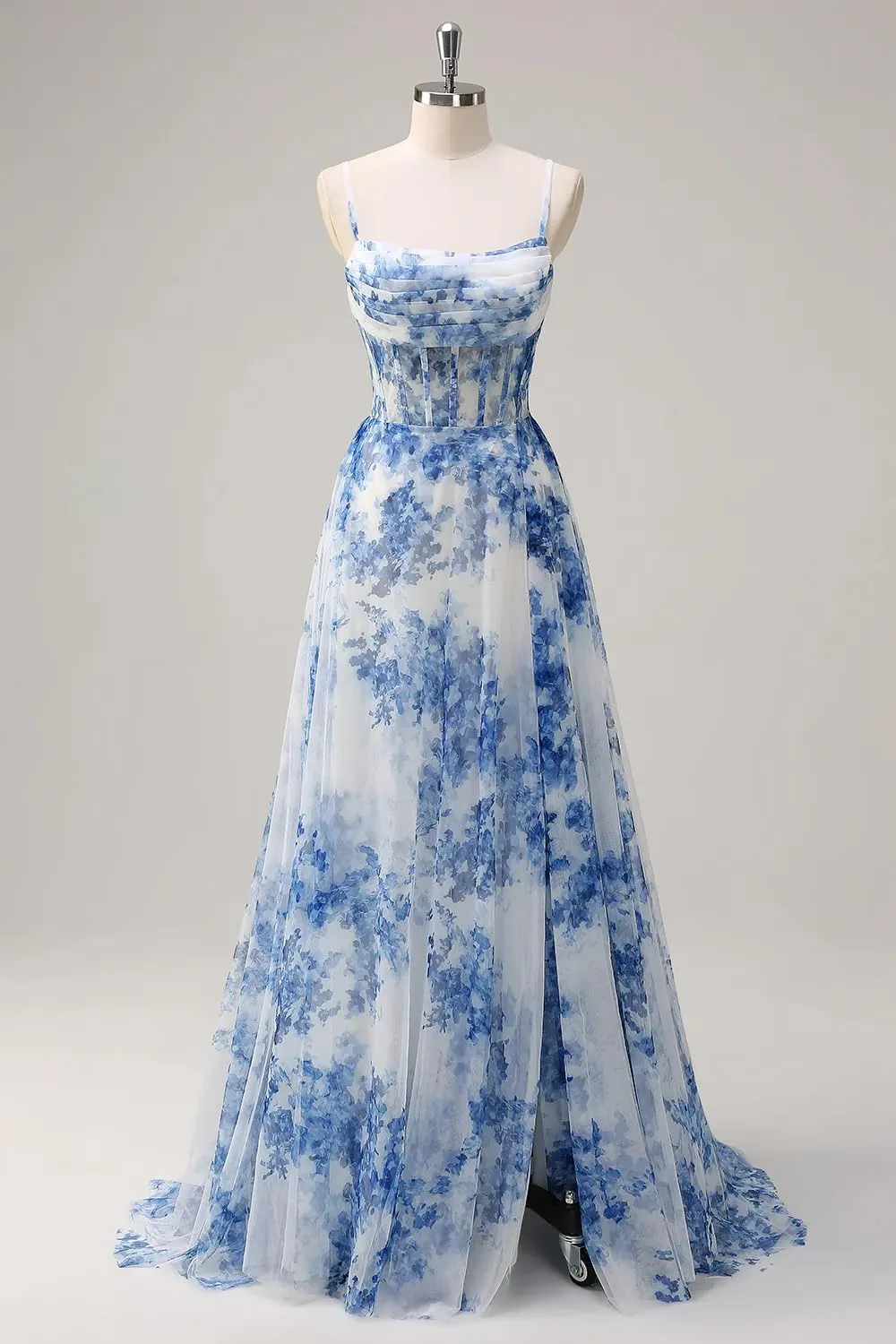 HEWEIGUI Women's Floral Print Prom Dresses 2025 Spaghetti Straps Chiffon Formal Evening Dress with Slit WHC094