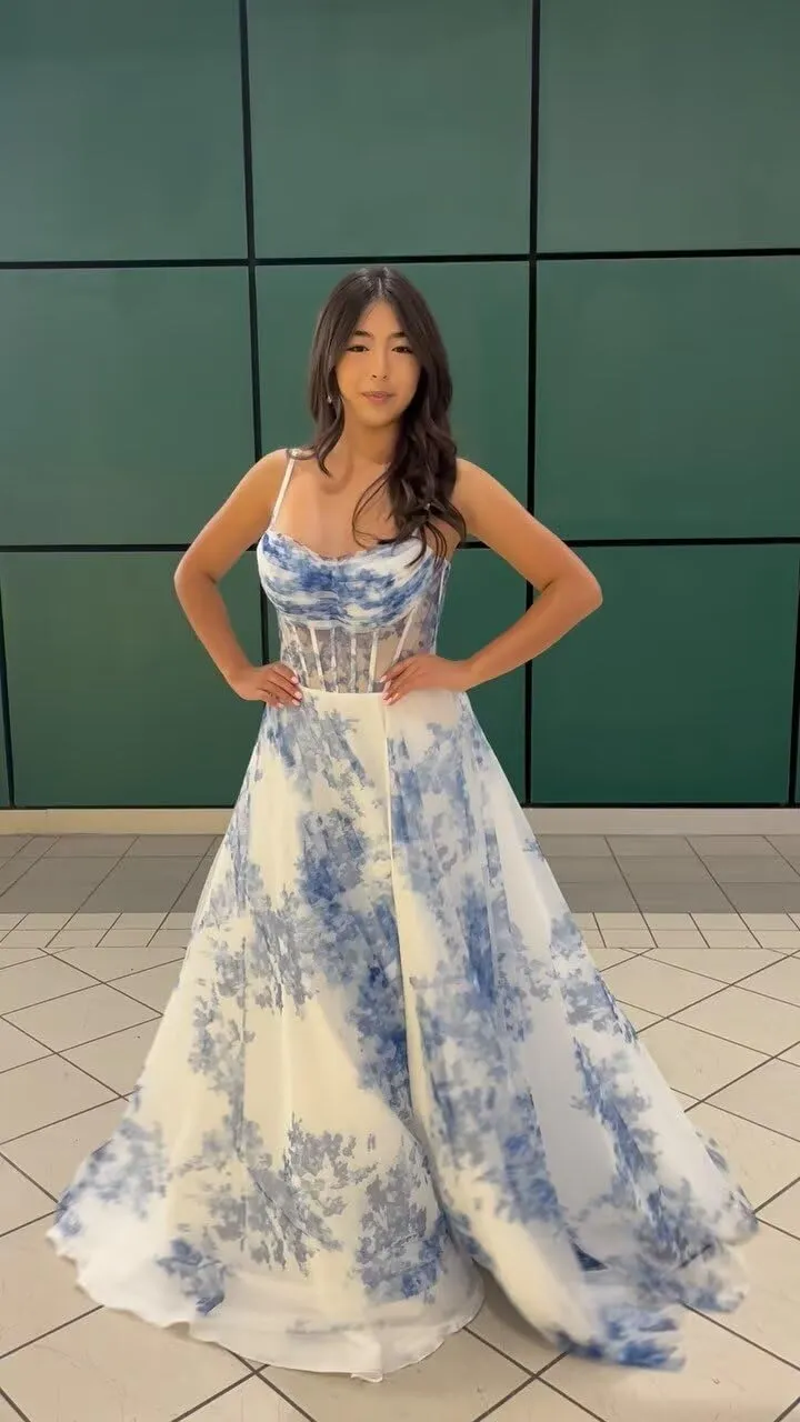 HEWEIGUI Women's Floral Print Prom Dresses 2025 Spaghetti Straps Chiffon Formal Evening Dress with Slit WHC094