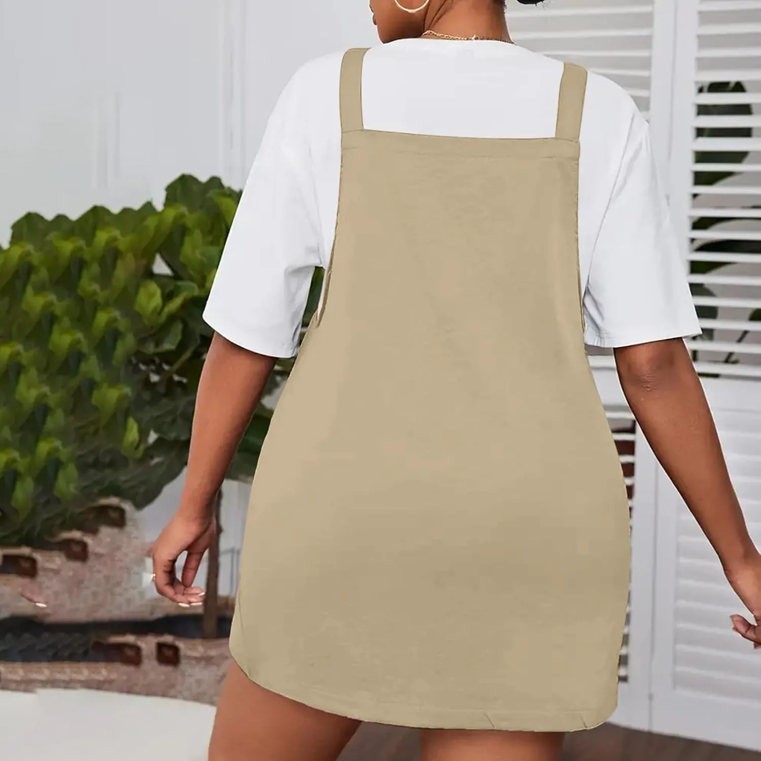 HGps8w Plus Size Womens Bib Overall Short Jumper Dress Adjustable Straps Suspender Pinafore Dresses with Pockets