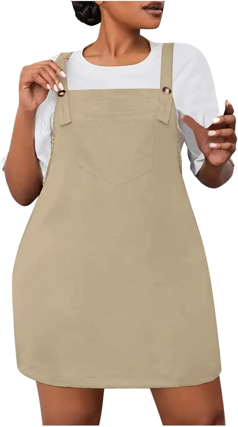 HGps8w Plus Size Womens Bib Overall Short Jumper Dress Adjustable Straps Suspender Pinafore Dresses with Pockets