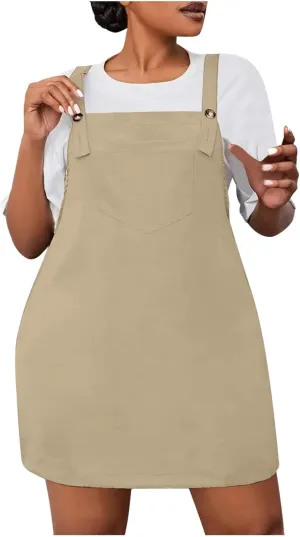 HGps8w Plus Size Womens Bib Overall Short Jumper Dress Adjustable Straps Suspender Pinafore Dresses with Pockets
