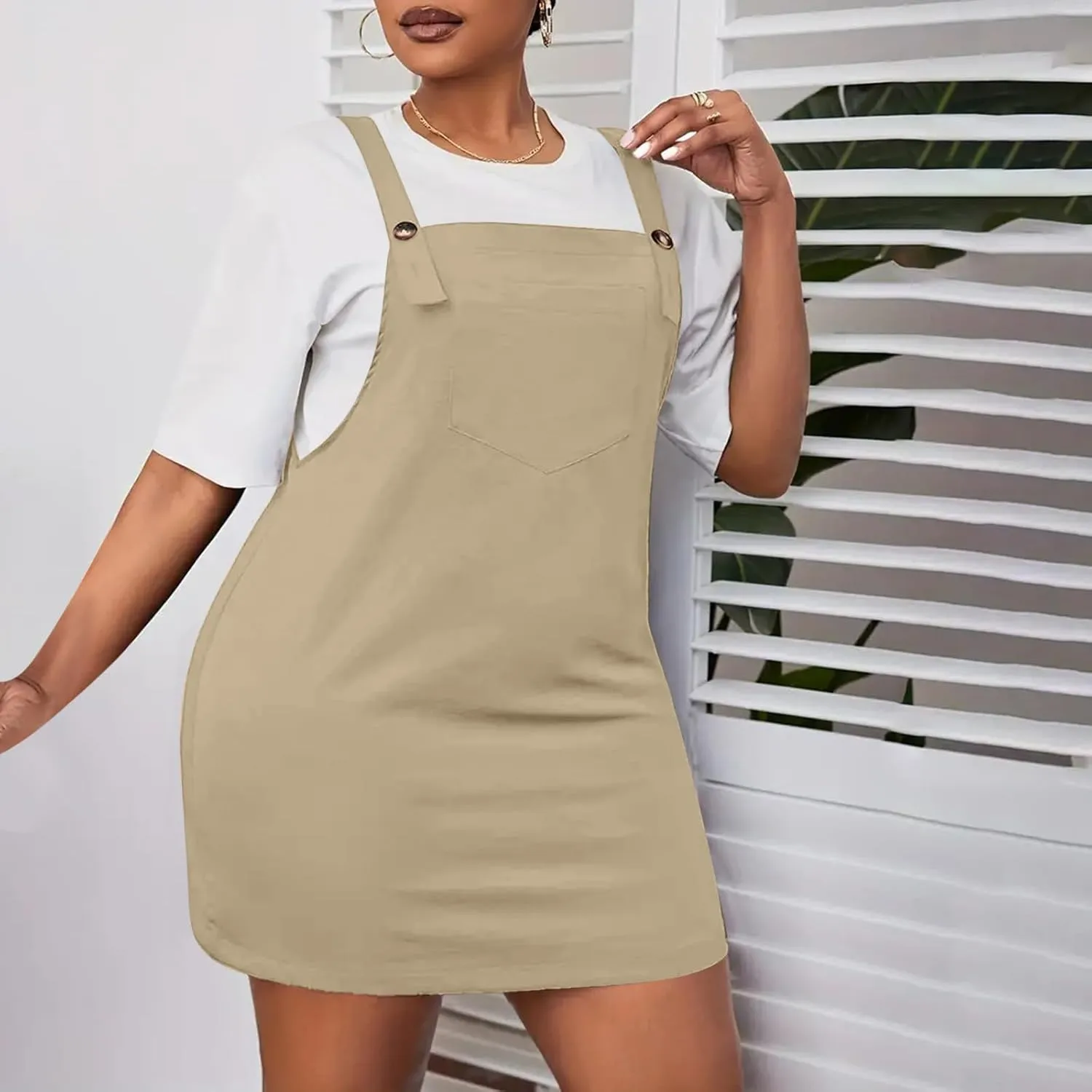 HGps8w Plus Size Womens Bib Overall Short Jumper Dress Adjustable Straps Suspender Pinafore Dresses with Pockets