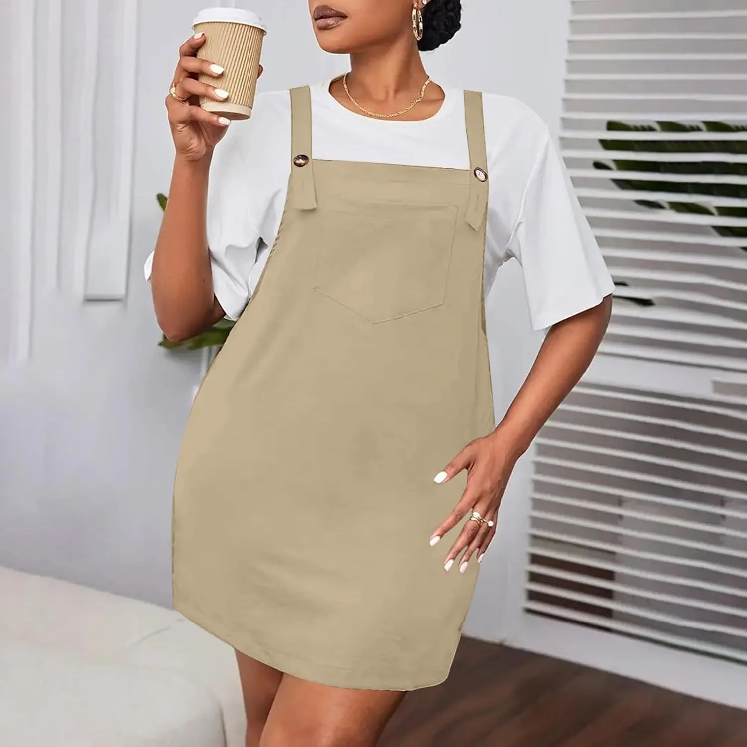 HGps8w Plus Size Womens Bib Overall Short Jumper Dress Adjustable Straps Suspender Pinafore Dresses with Pockets