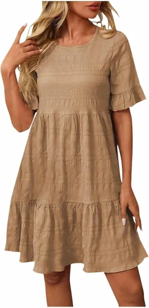 HGps8w Summer Dress for Women Boho Ruffle Trim Casual Crew Neck Loose Short Sleeve Swing Mini Beach Sun Dress