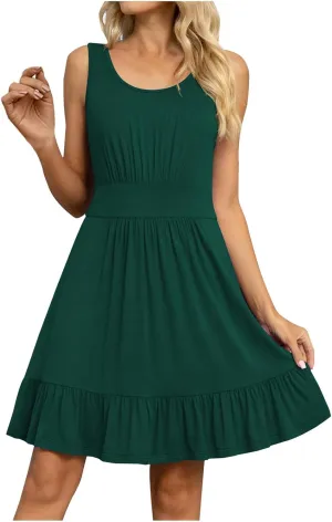 HGps8w Women's Beach Sundress Casual Solid 2025 Summer Sleeveless Loose Ruffle Hem A Line Mini Tank Dresses