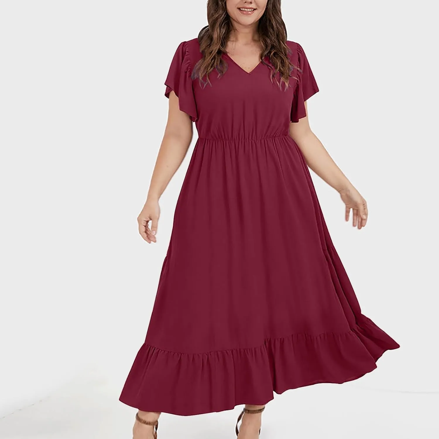 HGps8w Womens Flutter Sleeve Plus Size Summer Maxi Dress Elegant V Neck Ruffle Hem A-Line Swing Cocktail Dresses with Pockets