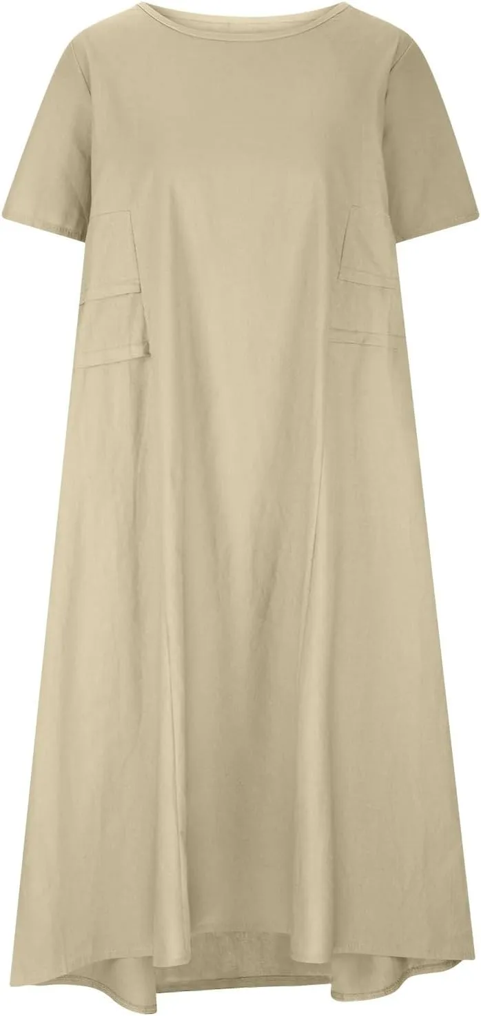HGps8w Women's Plus Size Cotton Linen Dress Summer Casual Solid Color Loose Short Sleeve Crewneck Pleated Swing Midi Dresses