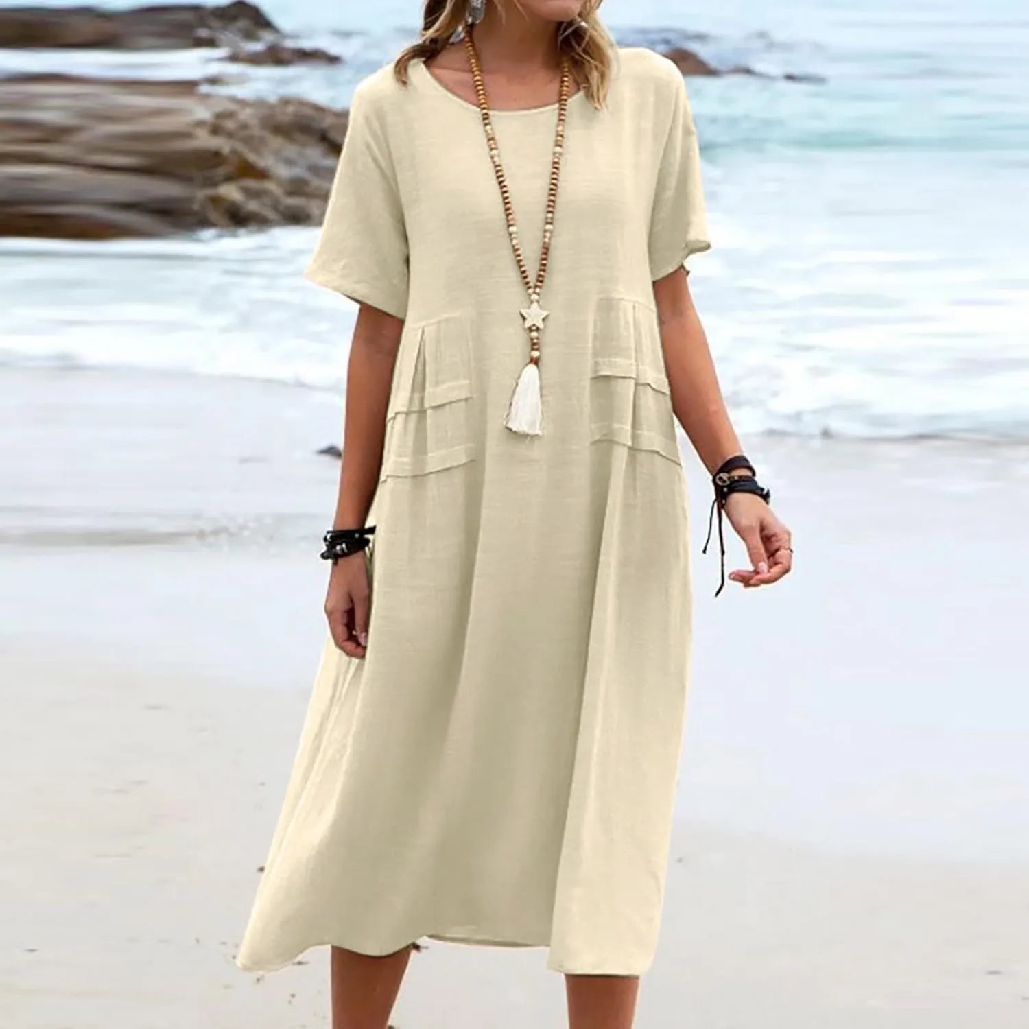HGps8w Women's Plus Size Cotton Linen Dress Summer Casual Solid Color Loose Short Sleeve Crewneck Pleated Swing Midi Dresses