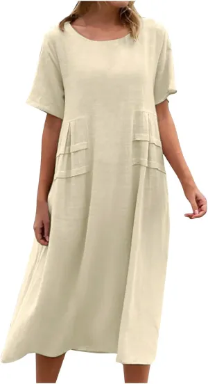 HGps8w Women's Plus Size Cotton Linen Dress Summer Casual Solid Color Loose Short Sleeve Crewneck Pleated Swing Midi Dresses