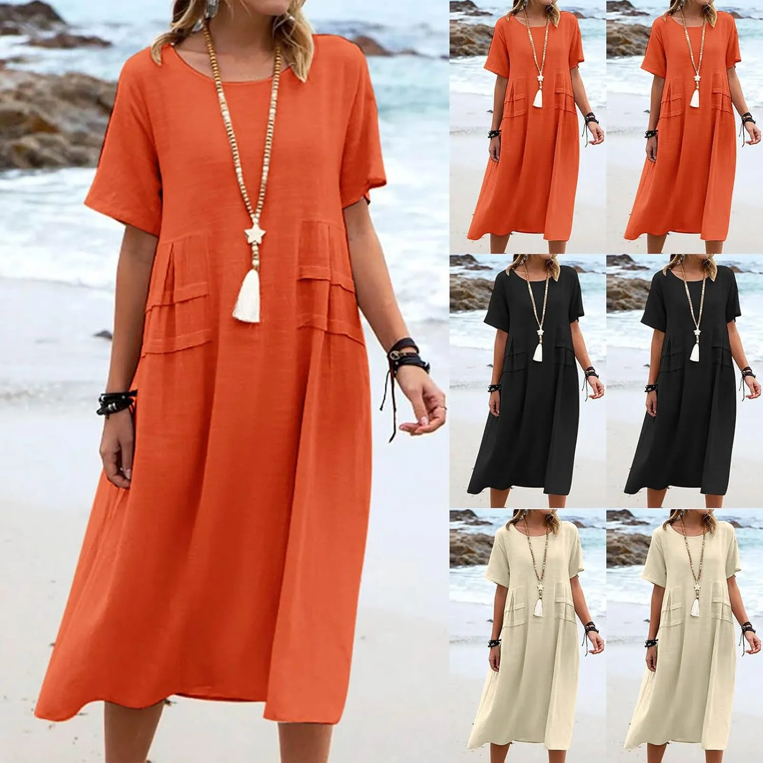 HGps8w Women's Plus Size Cotton Linen Dress Summer Casual Solid Color Loose Short Sleeve Crewneck Pleated Swing Midi Dresses