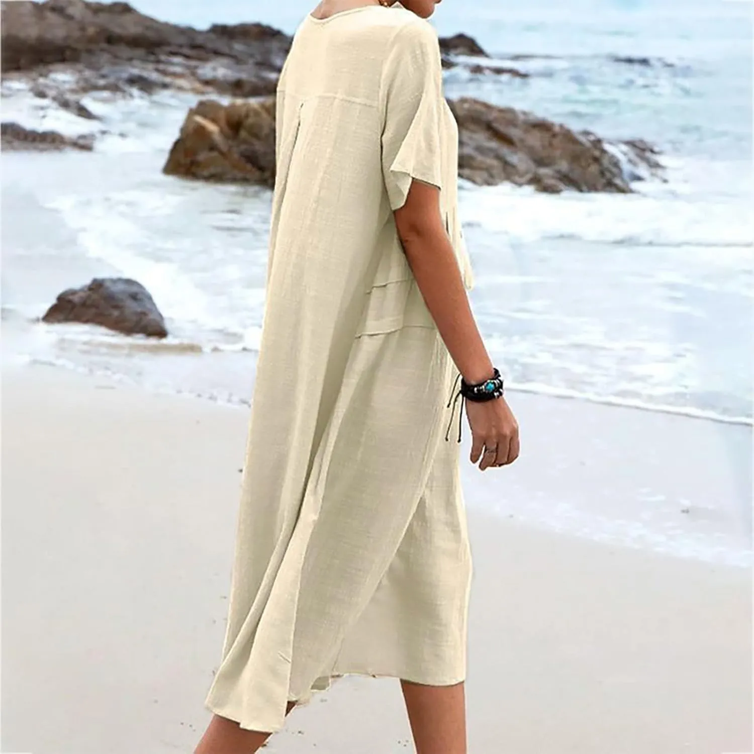 HGps8w Women's Plus Size Cotton Linen Dress Summer Casual Solid Color Loose Short Sleeve Crewneck Pleated Swing Midi Dresses