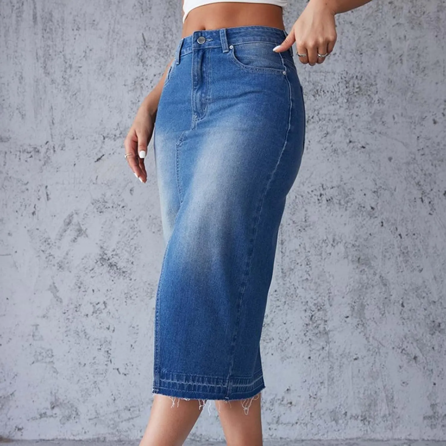 HGps8w Womens Split Front Long Denim Skirt Casual A-Line Jean Skirt High Waisted Vintage Denim Maxi Skirt with Pockets
