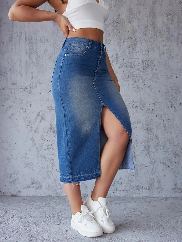 HGps8w Womens Split Front Long Denim Skirt Casual A-Line Jean Skirt High Waisted Vintage Denim Maxi Skirt with Pockets