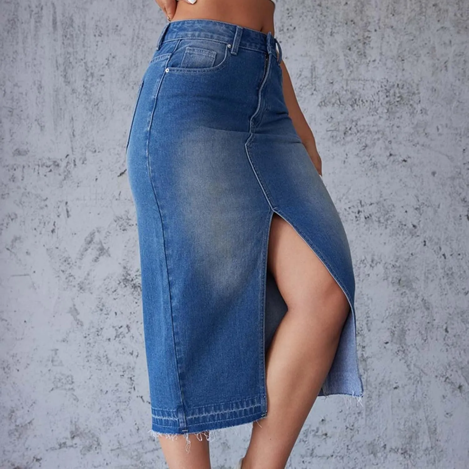 HGps8w Womens Split Front Long Denim Skirt Casual A-Line Jean Skirt High Waisted Vintage Denim Maxi Skirt with Pockets