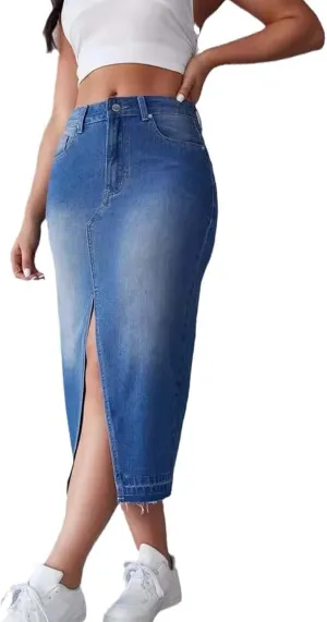 HGps8w Womens Split Front Long Denim Skirt Casual A-Line Jean Skirt High Waisted Vintage Denim Maxi Skirt with Pockets