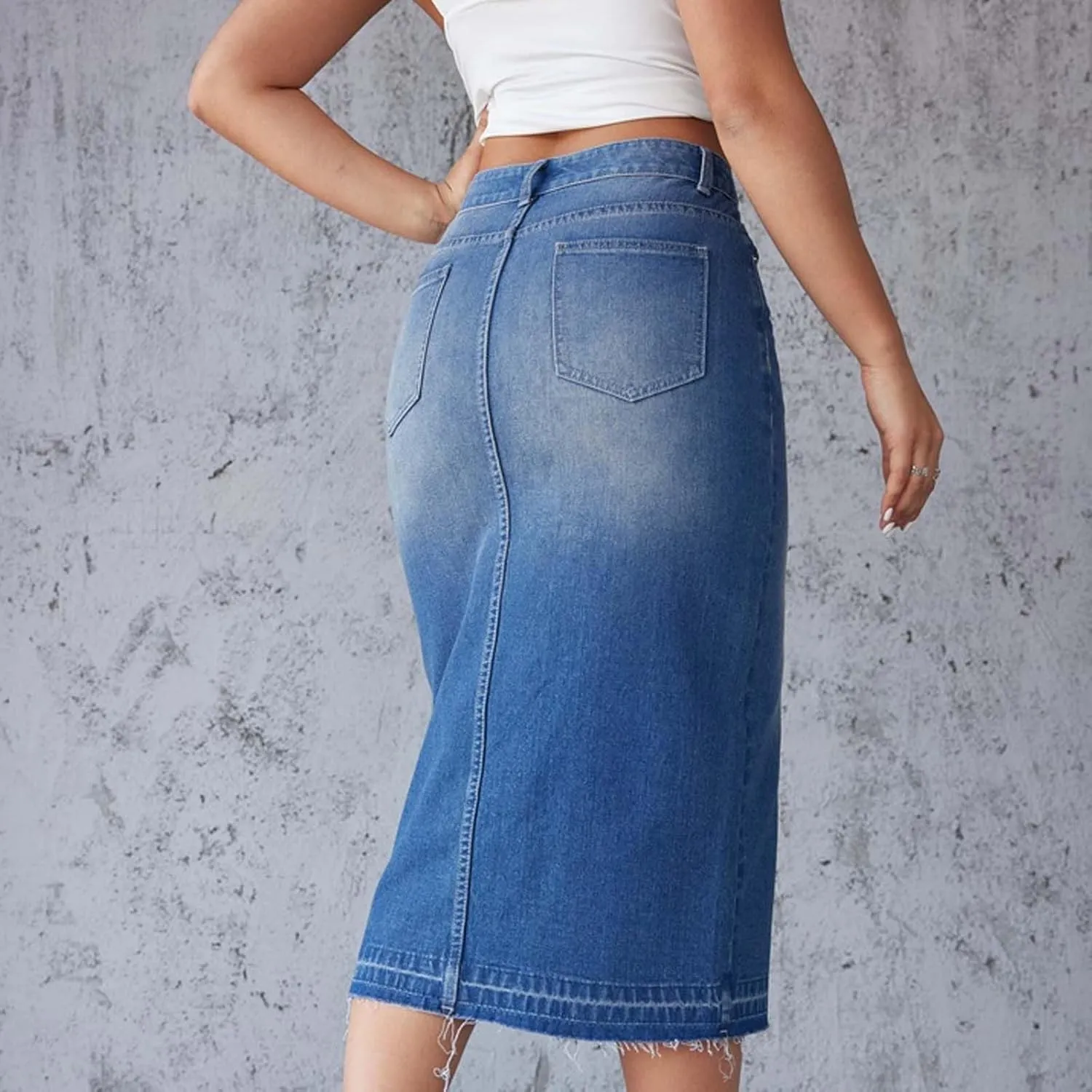 HGps8w Womens Split Front Long Denim Skirt Casual A-Line Jean Skirt High Waisted Vintage Denim Maxi Skirt with Pockets