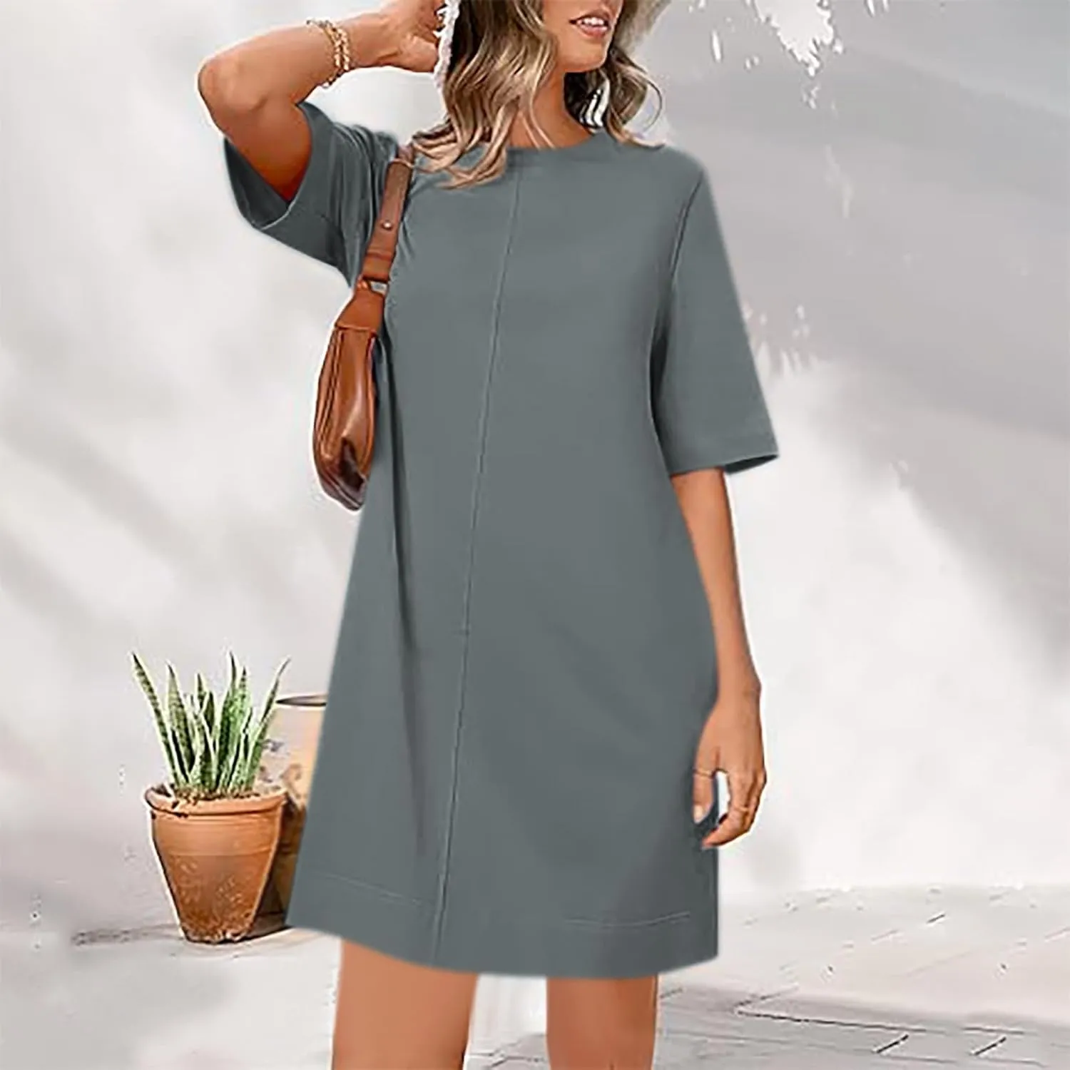 hlysgo Dresses for Women 2025 Summer Short Sleeve Crew Neck Vacation Beach Dress Casual Loose Fit Knee Length Mini Dress