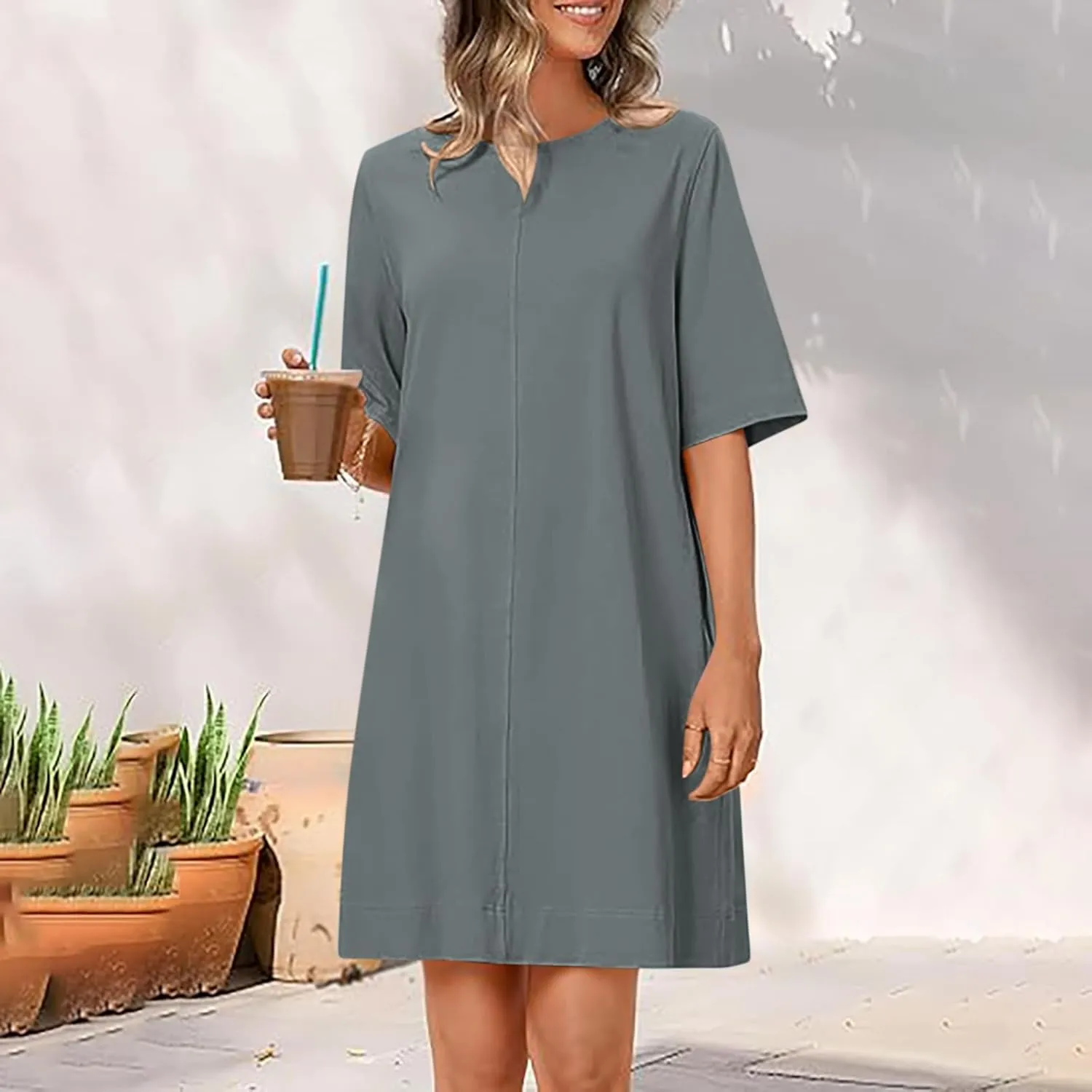 hlysgo Dresses for Women 2025 Summer Short Sleeve Crew Neck Vacation Beach Dress Casual Loose Fit Knee Length Mini Dress