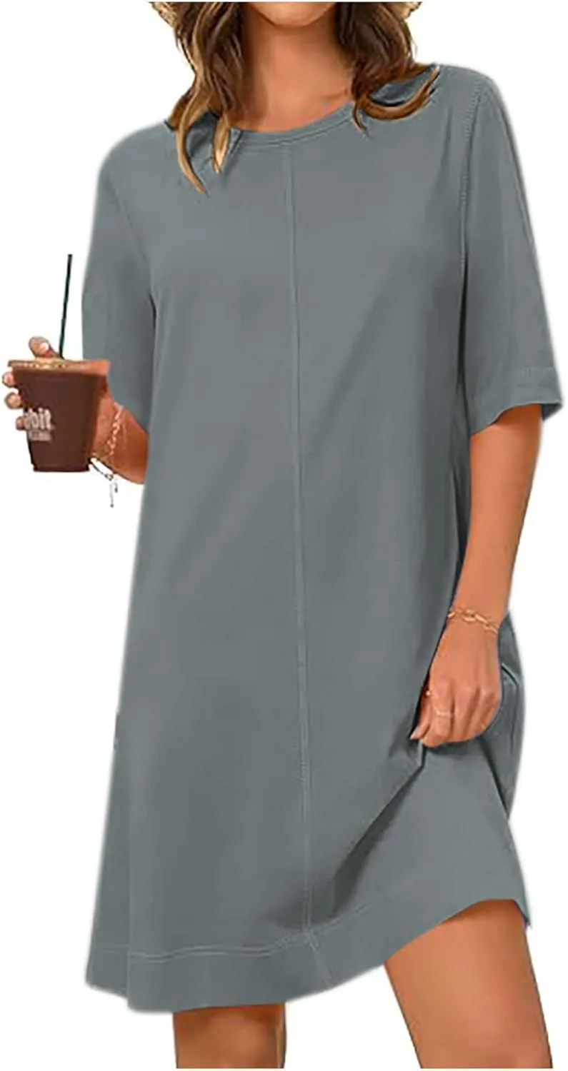 hlysgo Dresses for Women 2025 Summer Short Sleeve Crew Neck Vacation Beach Dress Casual Loose Fit Knee Length Mini Dress