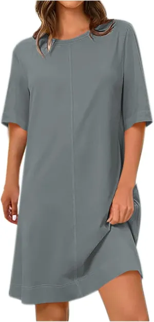 hlysgo Dresses for Women 2025 Summer Short Sleeve Crew Neck Vacation Beach Dress Casual Loose Fit Knee Length Mini Dress