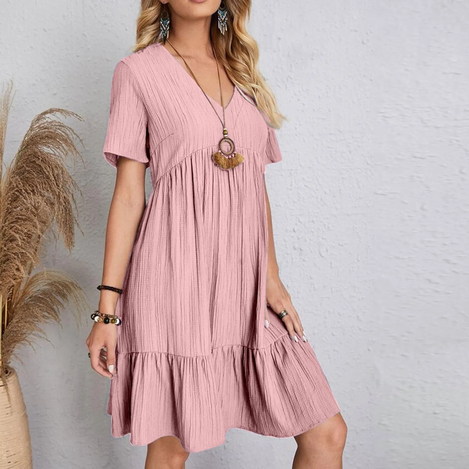 hlysgo Flowy Dresses for Women 2025 Summer Short Sleeve V Neck Beach Mini Dress Ladies Ruffled Hem Knee Length Casual Dress