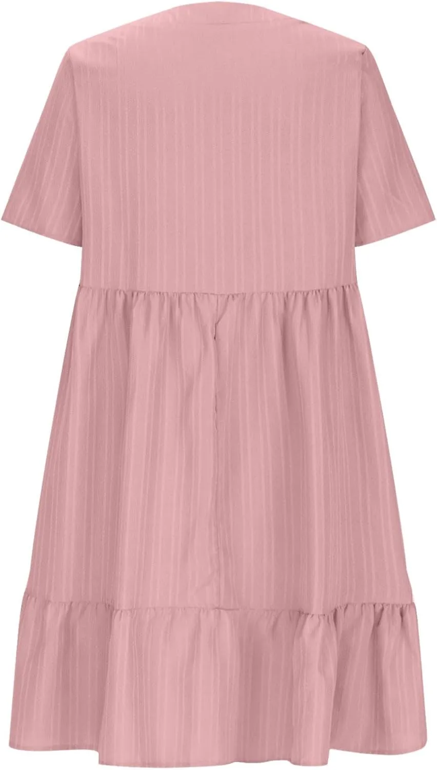 hlysgo Flowy Dresses for Women 2025 Summer Short Sleeve V Neck Beach Mini Dress Ladies Ruffled Hem Knee Length Casual Dress