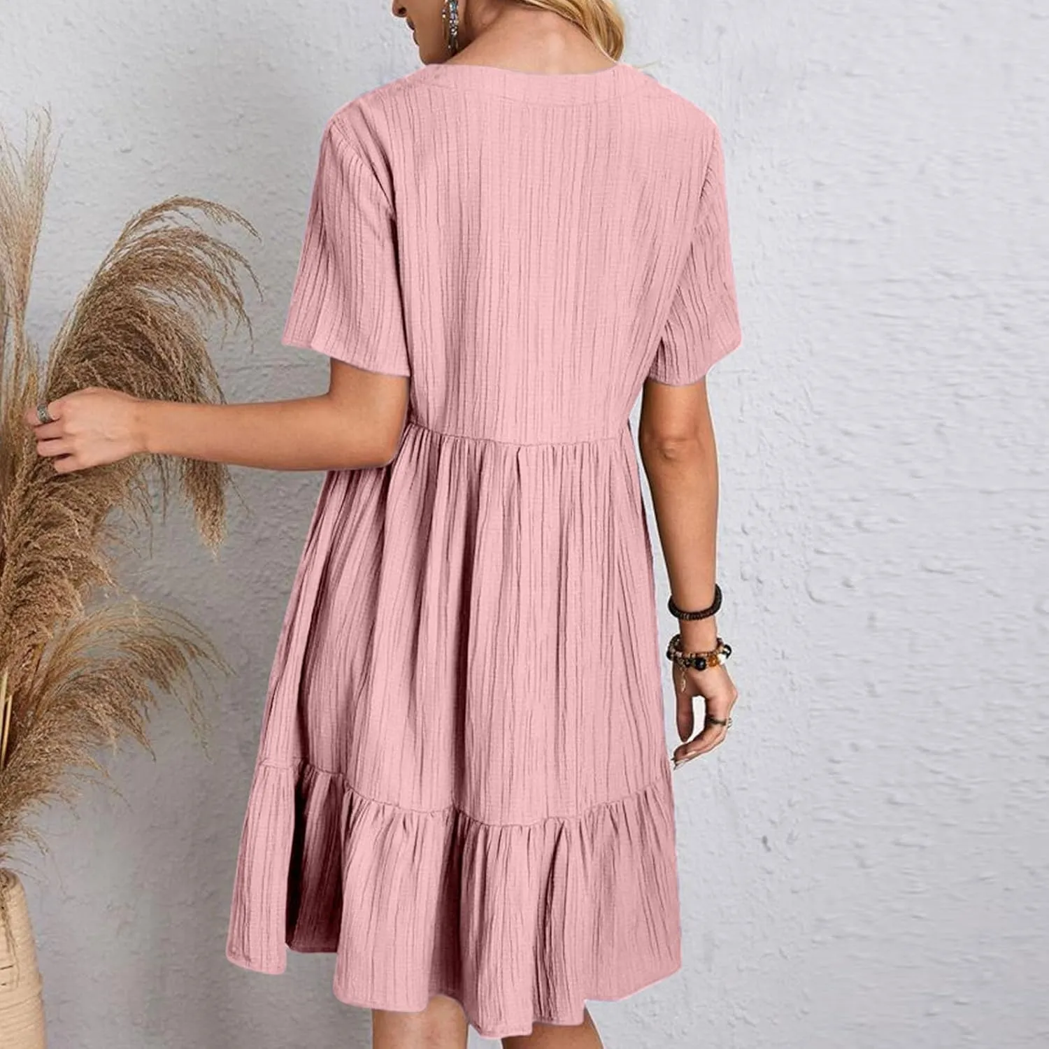 hlysgo Flowy Dresses for Women 2025 Summer Short Sleeve V Neck Beach Mini Dress Ladies Ruffled Hem Knee Length Casual Dress