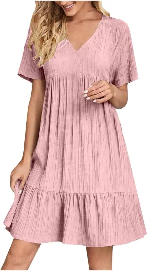 hlysgo Flowy Dresses for Women 2025 Summer Short Sleeve V Neck Beach Mini Dress Ladies Ruffled Hem Knee Length Casual Dress