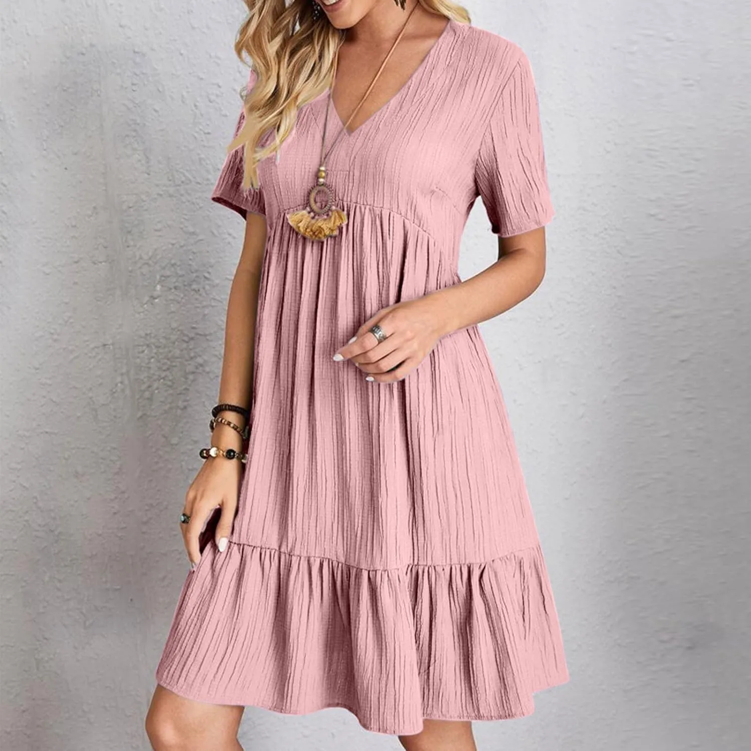 hlysgo Flowy Dresses for Women 2025 Summer Short Sleeve V Neck Beach Mini Dress Ladies Ruffled Hem Knee Length Casual Dress