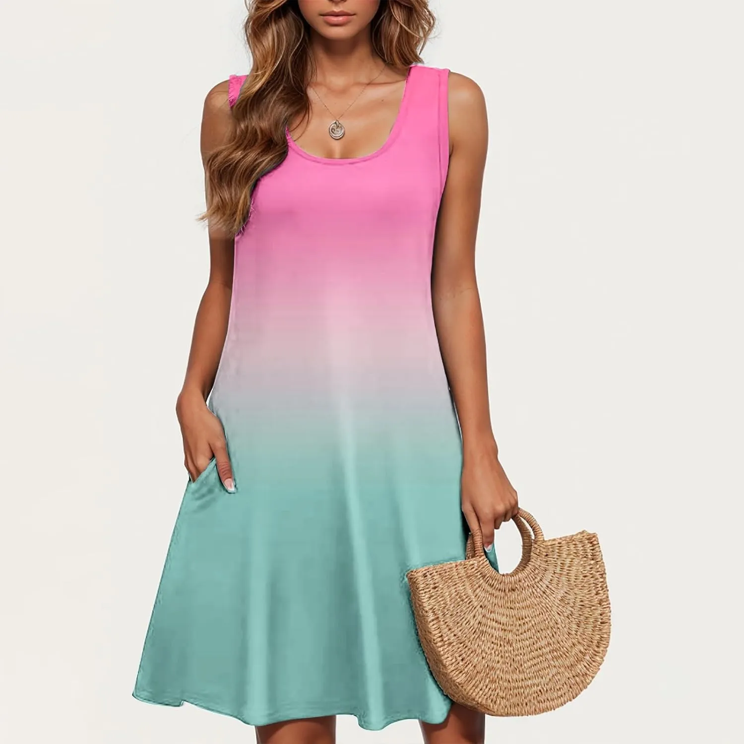 hlysgo Mini Dresses for Women 2025 Summer Casual Coverup Tank Dress Trendy Sleeveless Crew Neck Beach Sundress with Pockets