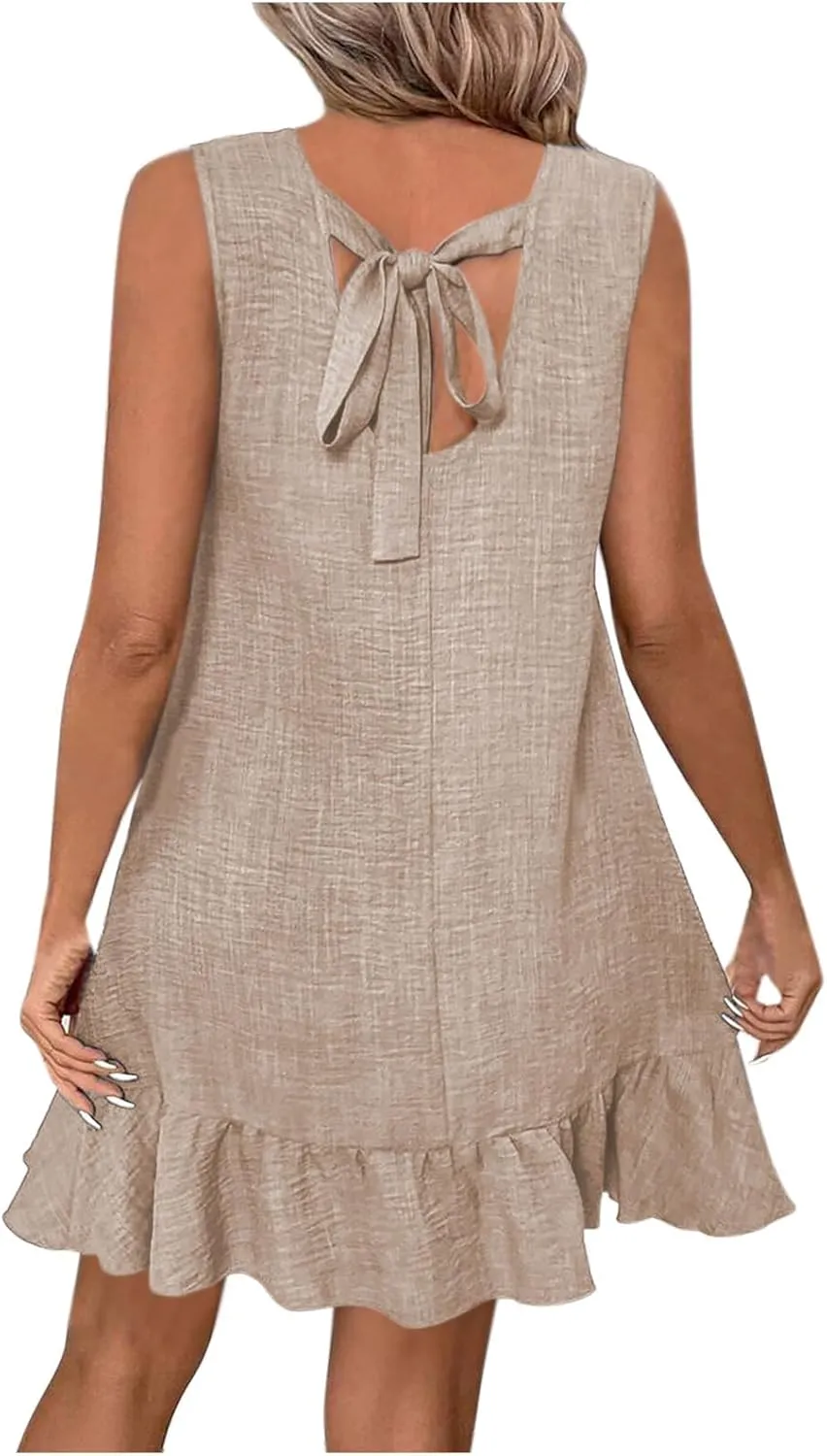 hlysgo Mini Dresses for Women 2025 Summer Ruffled Hem Beach Vacation Sundress Casual Loose Fit Sleeveless Going Out Dress