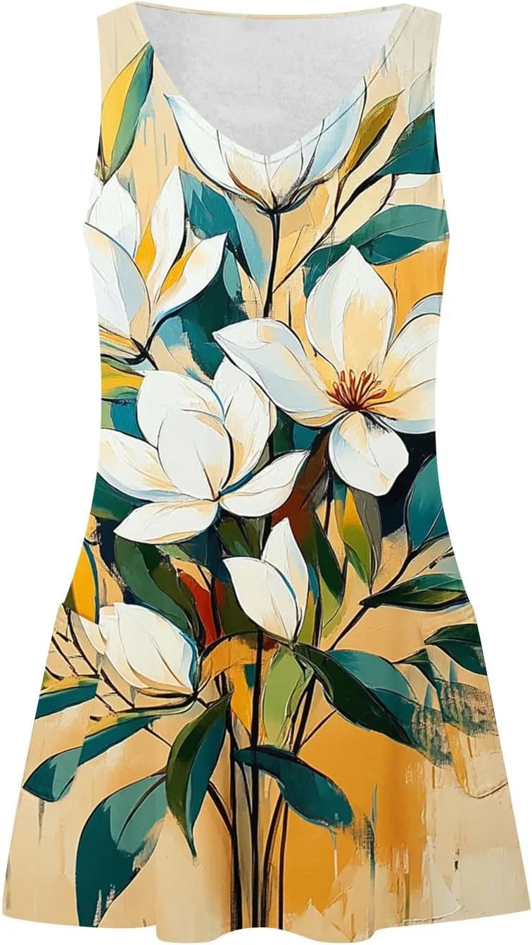 hlysgo Petite Dresses for Women 2025 Summer Sleeveless V Neck Coverup Mini Dress Trendy Boho Beach Sundress with Pockets