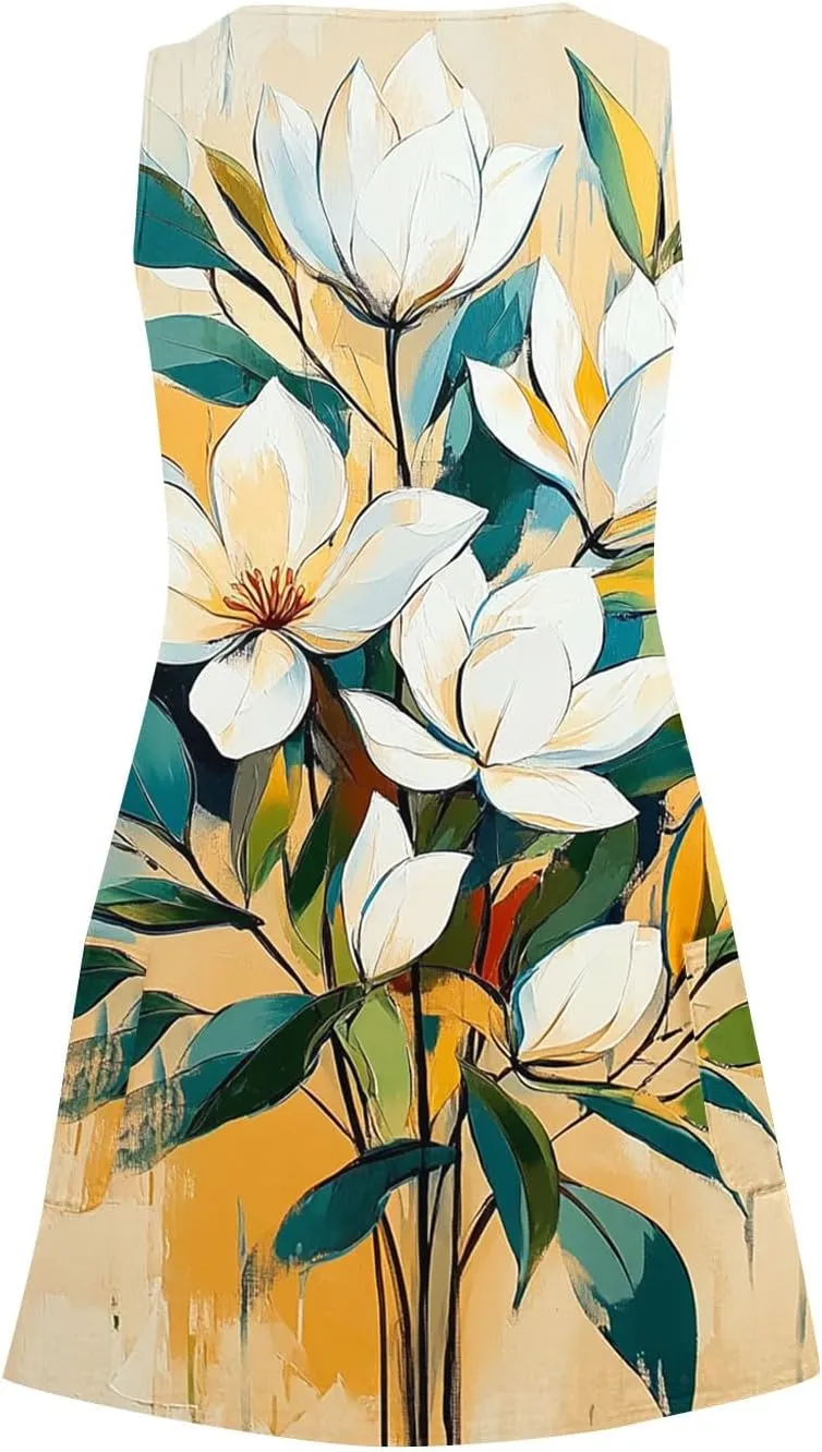 hlysgo Petite Dresses for Women 2025 Summer Sleeveless V Neck Coverup Mini Dress Trendy Boho Beach Sundress with Pockets