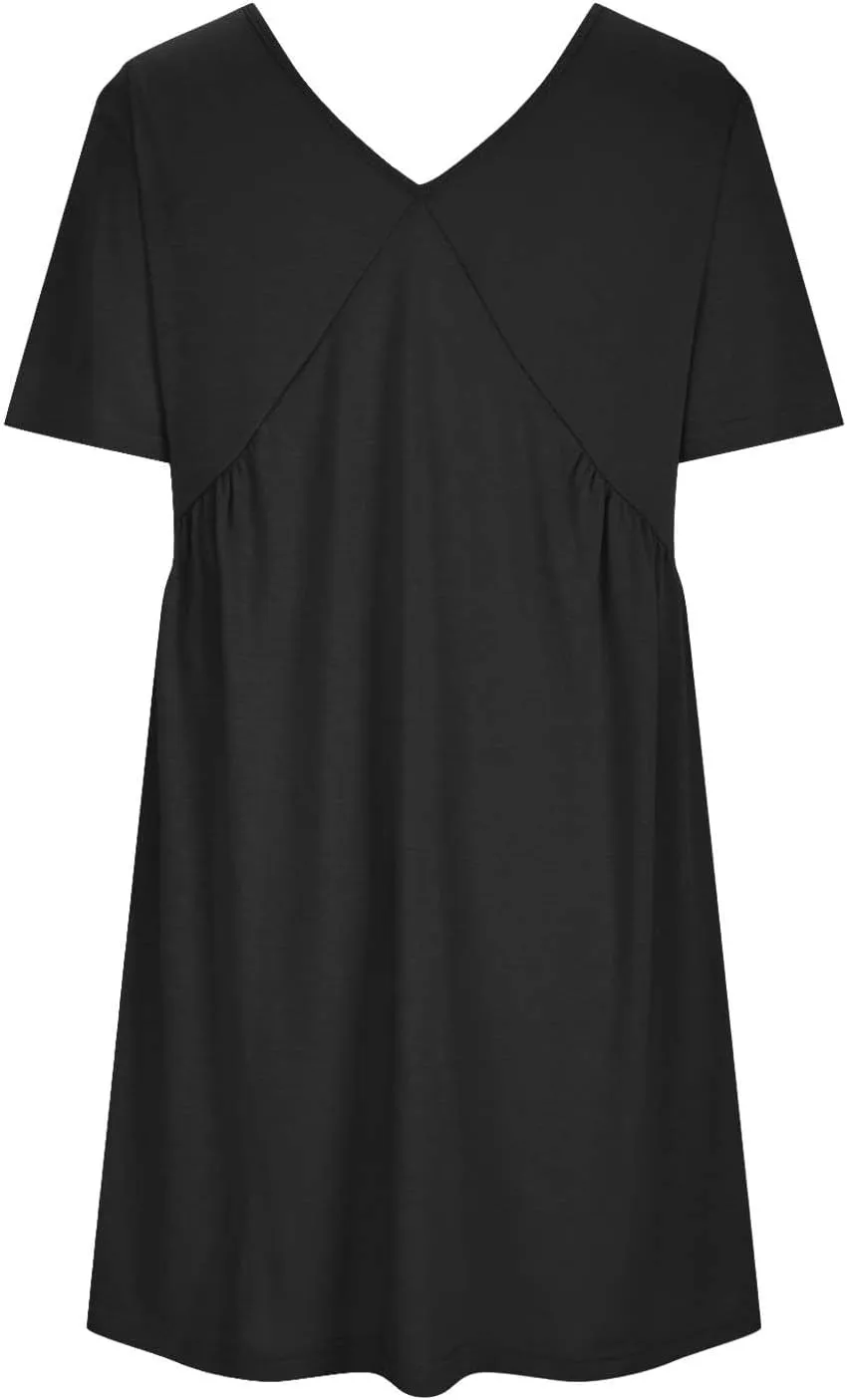 hlysgo Summer Dresses for Women 2024 Casual Loose Fit Short Sleeve V Neck Mini Dress Trendy Swing Pleated Babydoll Dress