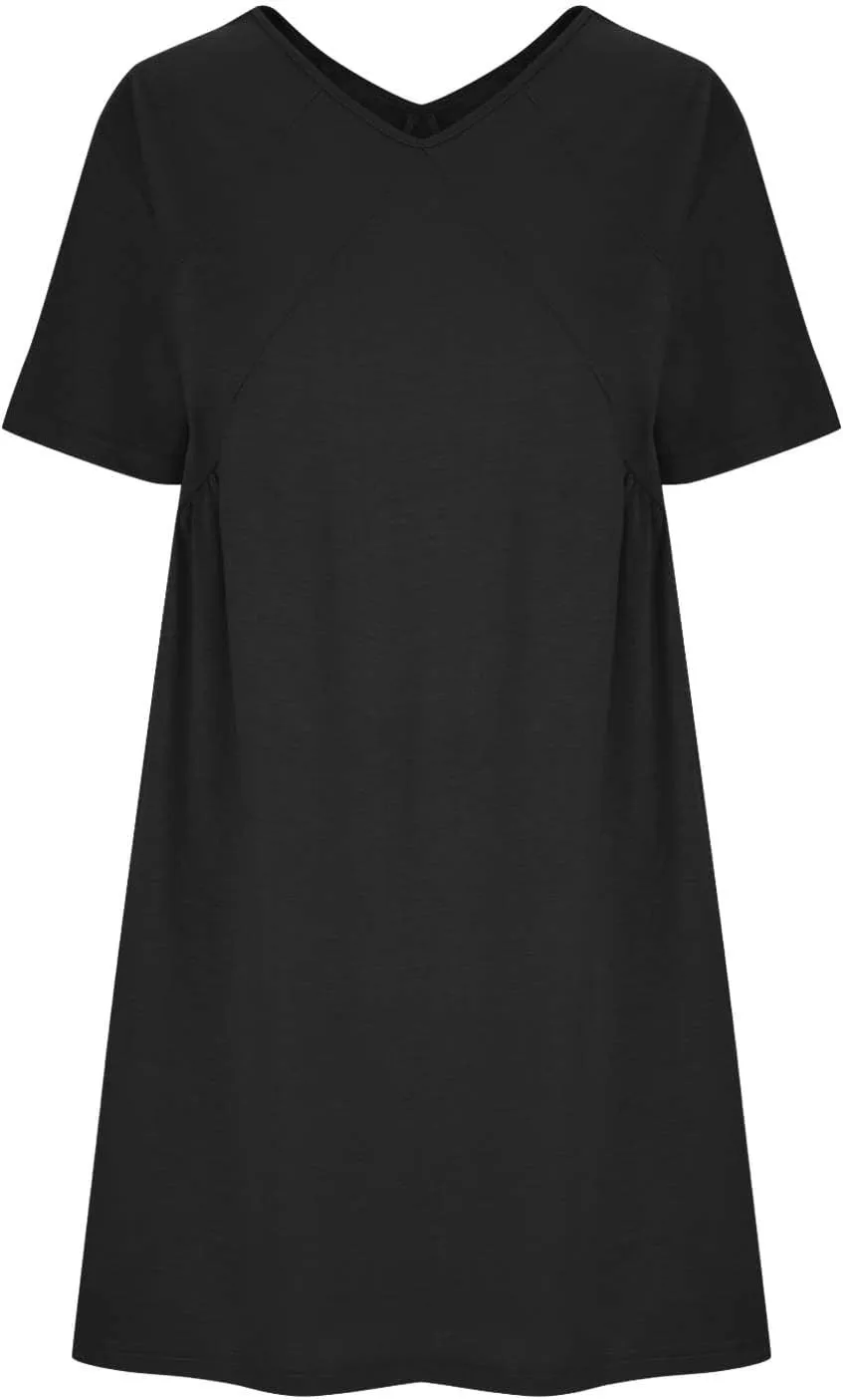 hlysgo Summer Dresses for Women 2024 Casual Loose Fit Short Sleeve V Neck Mini Dress Trendy Swing Pleated Babydoll Dress