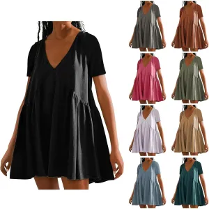 hlysgo Summer Dresses for Women 2024 Casual Loose Fit Short Sleeve V Neck Mini Dress Trendy Swing Pleated Babydoll Dress